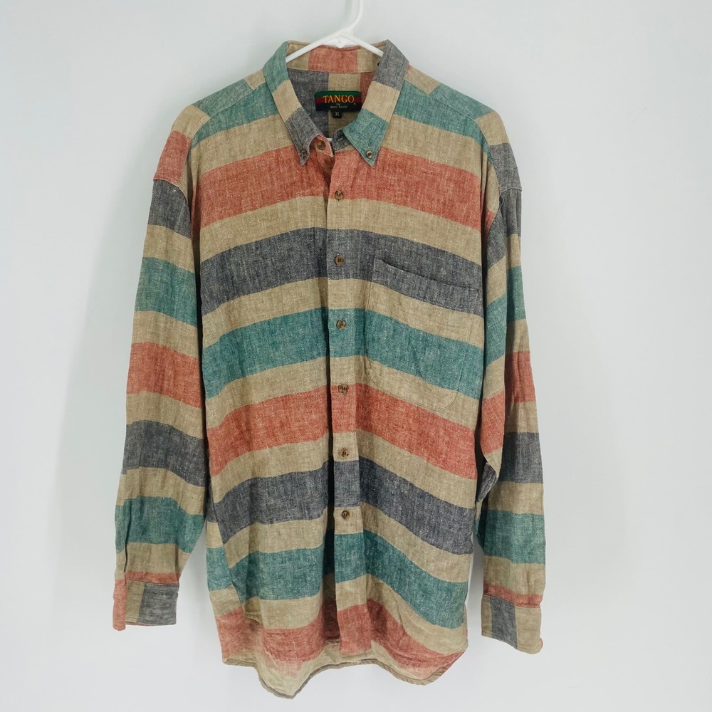 Tango by Max Raab Mens XL Linen Cotton Striped Button Down‎ Shirt Multi Color